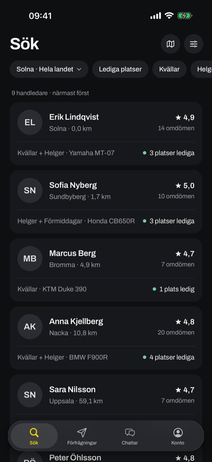 Sökresultat med handledare i närheten, med avstånd, motorcykel, betyg och lediga platser.